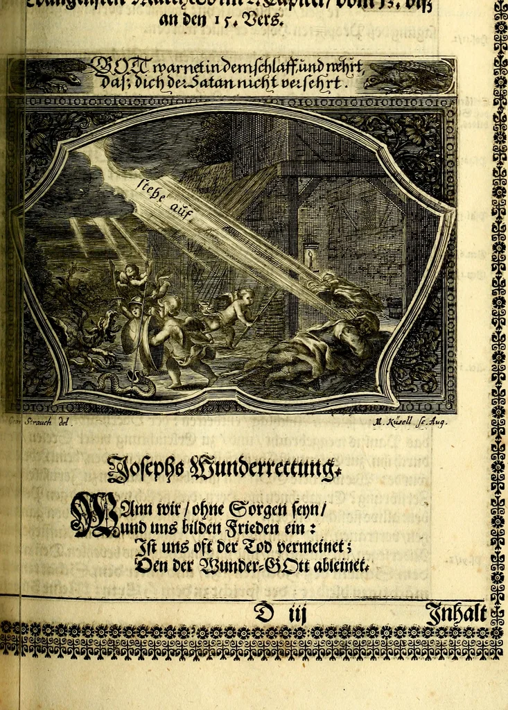An illustration from Heilig-epistolischer Bericht, Licht, Geleit, und Freud. Das ist : Emblematische Fürstllung der heiligen Sonn- und festtäglichen Episteln; in welcher gründlicher Bericht von den rechten Wort-Verstand ertheilet, dem wahren Christenthum ein helles licht furgetragen, und ein sicheres Geleit mit beigefügten Gebeten und Gesängen zu der himmlischen Freude gezeiget wird, 1663, leaf 738
