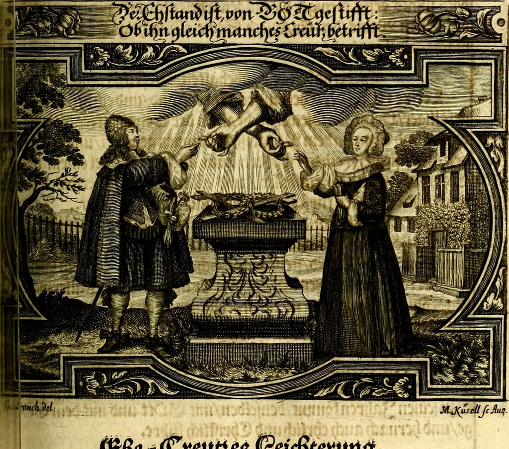 An illustration from Heilig-epistolischer Bericht, Licht, Geleit, und Freud. Das ist : Emblematische Fürstllung der heiligen Sonn- und festtäglichen Episteln; in welcher gründlicher Bericht von den rechten Wort-Verstand ertheilet, dem wahren Christenthum ein helles licht furgetragen, und ein sicheres Geleit mit beigefügten Gebeten und Gesängen zu der himmlischen Freude gezeiget wird, 1663, leaf 746
