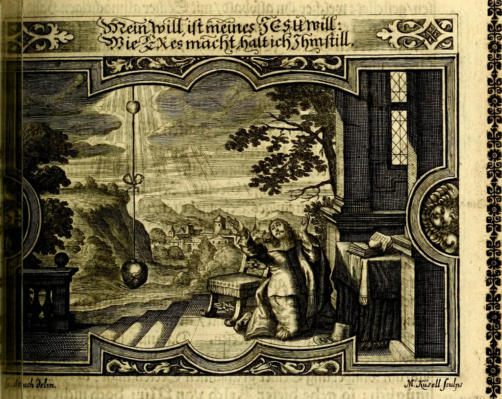 An illustration from Heilig-epistolischer Bericht, Licht, Geleit, und Freud. Das ist : Emblematische Fürstllung der heiligen Sonn- und festtäglichen Episteln; in welcher gründlicher Bericht von den rechten Wort-Verstand ertheilet, dem wahren Christenthum ein helles licht furgetragen, und ein sicheres Geleit mit beigefügten Gebeten und Gesängen zu der himmlischen Freude gezeiget wird, 1663, leaf 750