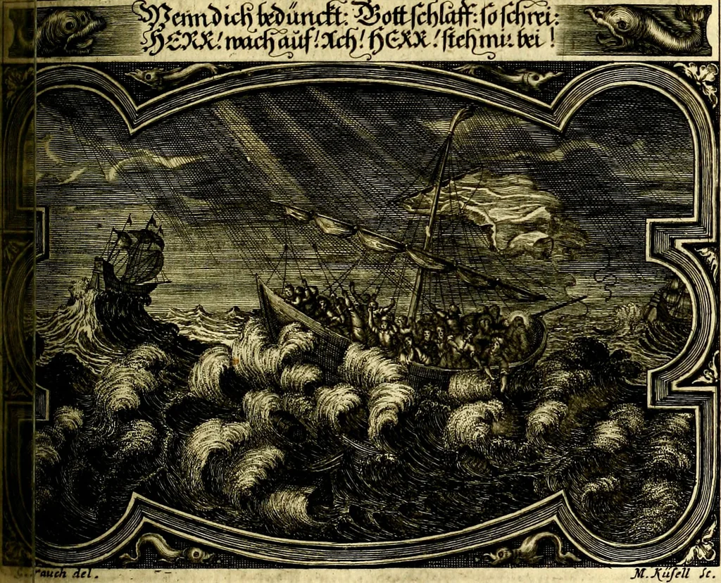 An illustration from Heilig-epistolischer Bericht, Licht, Geleit, und Freud. Das ist : Emblematische Fürstllung der heiligen Sonn- und festtäglichen Episteln; in welcher gründlicher Bericht von den rechten Wort-Verstand ertheilet, dem wahren Christenthum ein helles licht furgetragen, und ein sicheres Geleit mit beigefügten Gebeten und Gesängen zu der himmlischen Freude gezeiget wird, 1663, leaf 754