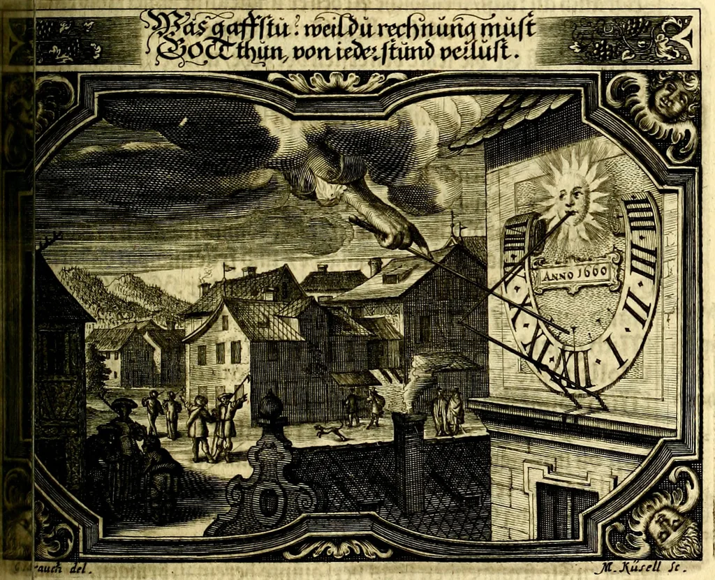 An illustration from Heilig-epistolischer Bericht, Licht, Geleit, und Freud. Das ist : Emblematische Fürstllung der heiligen Sonn- und festtäglichen Episteln; in welcher gründlicher Bericht von den rechten Wort-Verstand ertheilet, dem wahren Christenthum ein helles licht furgetragen, und ein sicheres Geleit mit beigefügten Gebeten und Gesängen zu der himmlischen Freude gezeiget wird, 1663, leaf 766
