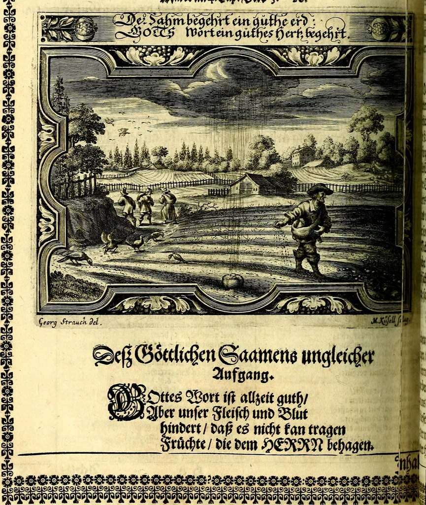 An illustration from Heilig-epistolischer Bericht, Licht, Geleit, und Freud. Das ist : Emblematische Fürstllung der heiligen Sonn- und festtäglichen Episteln; in welcher gründlicher Bericht von den rechten Wort-Verstand ertheilet, dem wahren Christenthum ein helles licht furgetragen, und ein sicheres Geleit mit beigefügten Gebeten und Gesängen zu der himmlischen Freude gezeiget wird, 1663, leaf 769