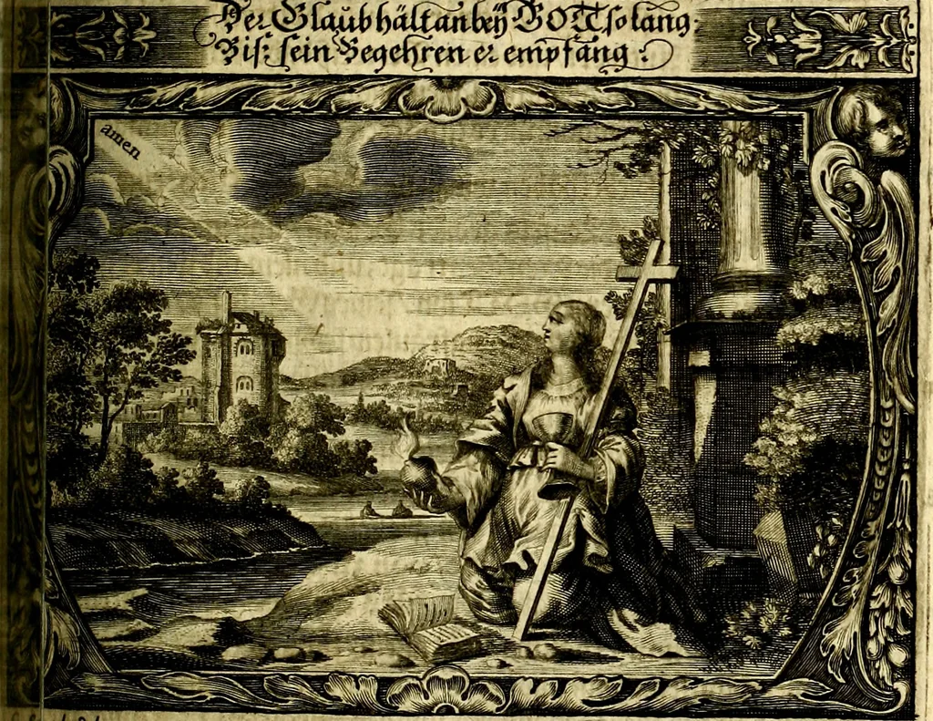 An illustration from Heilig-epistolischer Bericht, Licht, Geleit, und Freud. Das ist : Emblematische Fürstllung der heiligen Sonn- und festtäglichen Episteln; in welcher gründlicher Bericht von den rechten Wort-Verstand ertheilet, dem wahren Christenthum ein helles licht furgetragen, und ein sicheres Geleit mit beigefügten Gebeten und Gesängen zu der himmlischen Freude gezeiget wird, 1663, leaf 780