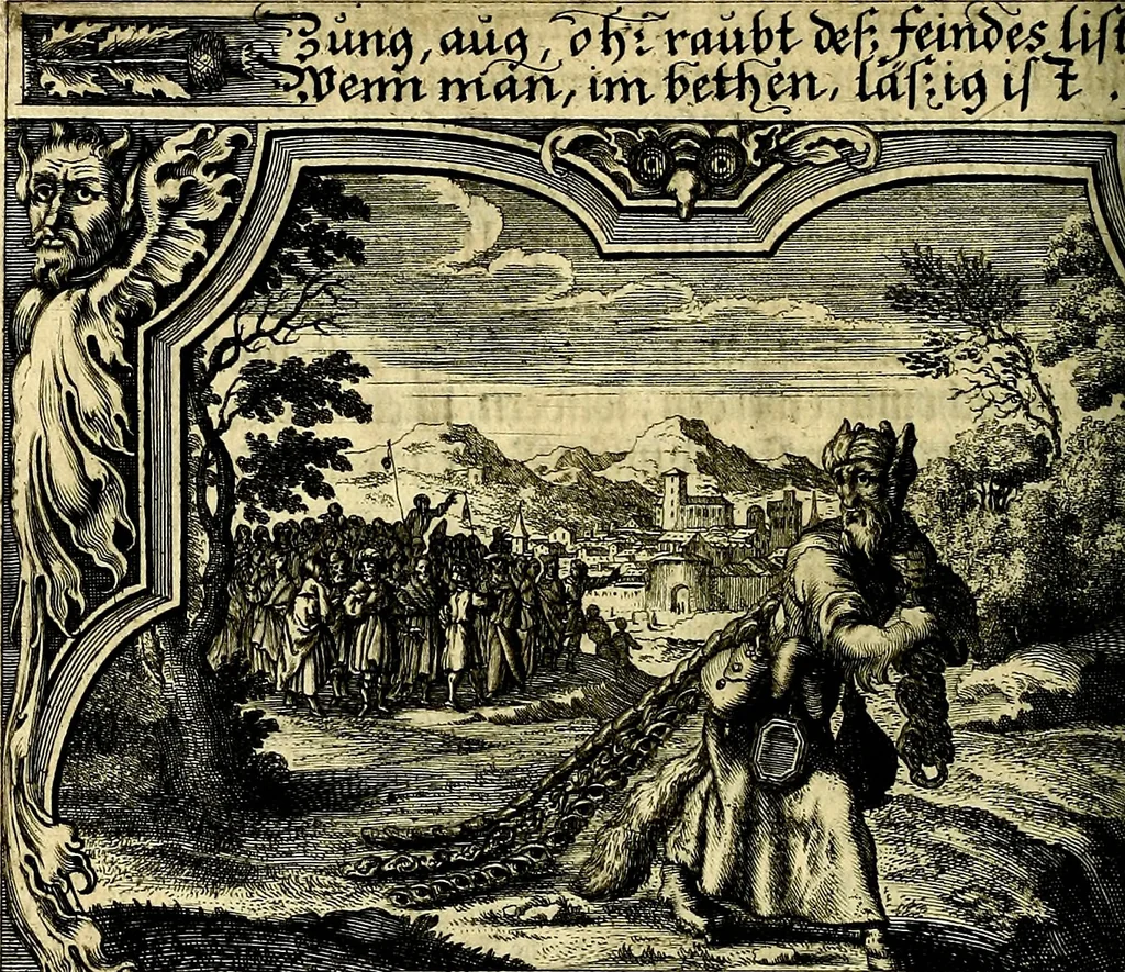An illustration from Heilig-epistolischer Bericht, Licht, Geleit, und Freud. Das ist : Emblematische Fürstllung der heiligen Sonn- und festtäglichen Episteln; in welcher gründlicher Bericht von den rechten Wort-Verstand ertheilet, dem wahren Christenthum ein helles licht furgetragen, und ein sicheres Geleit mit beigefügten Gebeten und Gesängen zu der himmlischen Freude gezeiget wird, 1663, leaf 783