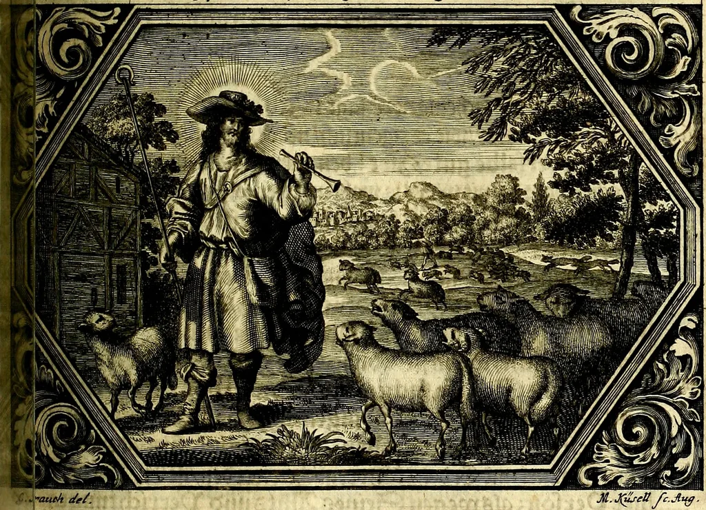 An illustration from Heilig-epistolischer Bericht, Licht, Geleit, und Freud. Das ist : Emblematische Fürstllung der heiligen Sonn- und festtäglichen Episteln; in welcher gründlicher Bericht von den rechten Wort-Verstand ertheilet, dem wahren Christenthum ein helles licht furgetragen, und ein sicheres Geleit mit beigefügten Gebeten und Gesängen zu der himmlischen Freude gezeiget wird, 1663, leaf 806