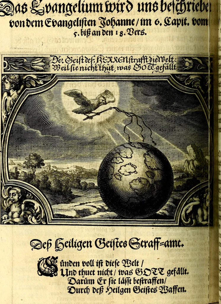 An illustration from Heilig-epistolischer Bericht, Licht, Geleit, und Freud. Das ist : Emblematische Fürstllung der heiligen Sonn- und festtäglichen Episteln; in welcher gründlicher Bericht von den rechten Wort-Verstand ertheilet, dem wahren Christenthum ein helles licht furgetragen, und ein sicheres Geleit mit beigefügten Gebeten und Gesängen zu der himmlischen Freude gezeiget wird, 1663, leaf 813