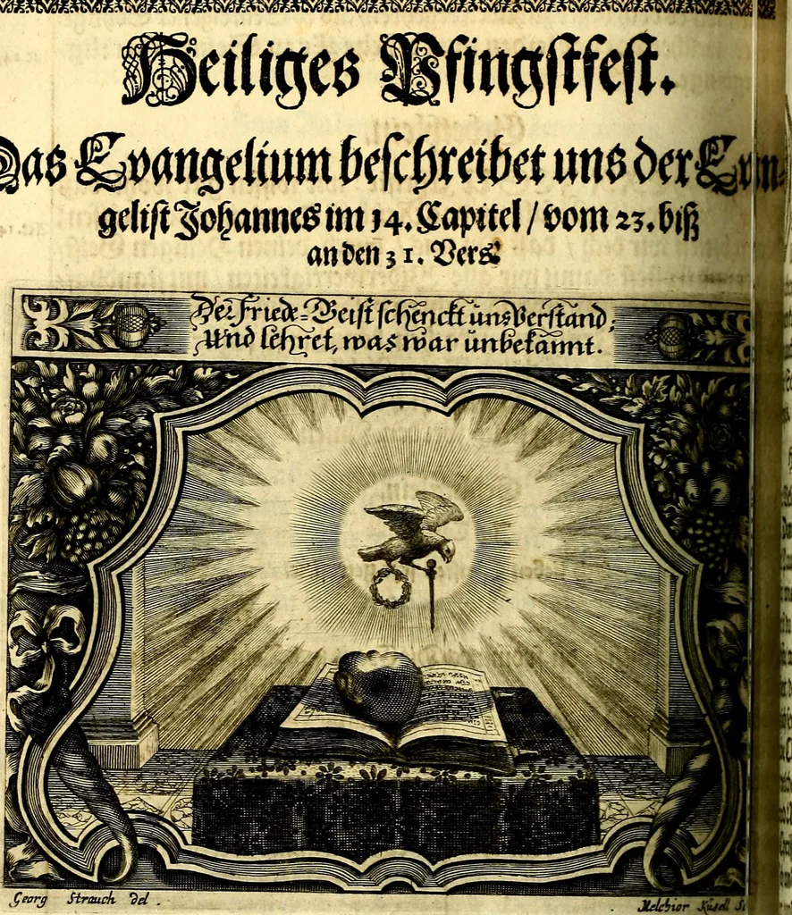 An illustration from Heilig-epistolischer Bericht, Licht, Geleit, und Freud. Das ist : Emblematische Fürstllung der heiligen Sonn- und festtäglichen Episteln; in welcher gründlicher Bericht von den rechten Wort-Verstand ertheilet, dem wahren Christenthum ein helles licht furgetragen, und ein sicheres Geleit mit beigefügten Gebeten und Gesängen zu der himmlischen Freude gezeiget wird, 1663, leaf 825