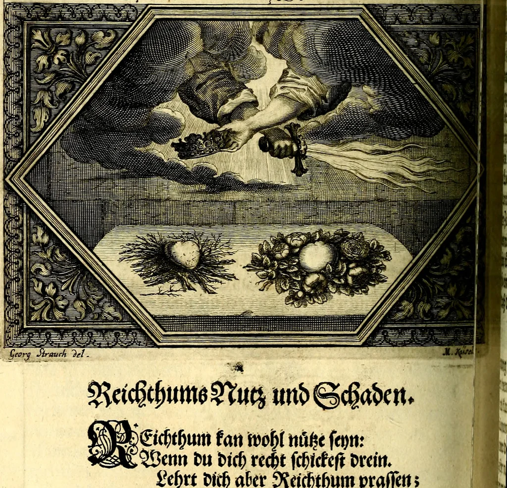 An illustration from Heilig-epistolischer Bericht, Licht, Geleit, und Freud. Das ist : Emblematische Fürstllung der heiligen Sonn- und festtäglichen Episteln; in welcher gründlicher Bericht von den rechten Wort-Verstand ertheilet, dem wahren Christenthum ein helles licht furgetragen, und ein sicheres Geleit mit beigefügten Gebeten und Gesängen zu der himmlischen Freude gezeiget wird, 1663, leaf 833