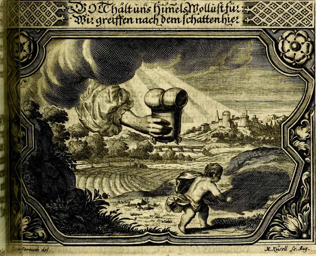 An illustration from Heilig-epistolischer Bericht, Licht, Geleit, und Freud. Das ist : Emblematische Fürstllung der heiligen Sonn- und festtäglichen Episteln; in welcher gründlicher Bericht von den rechten Wort-Verstand ertheilet, dem wahren Christenthum ein helles licht furgetragen, und ein sicheres Geleit mit beigefügten Gebeten und Gesängen zu der himmlischen Freude gezeiget wird, 1663, leaf 836