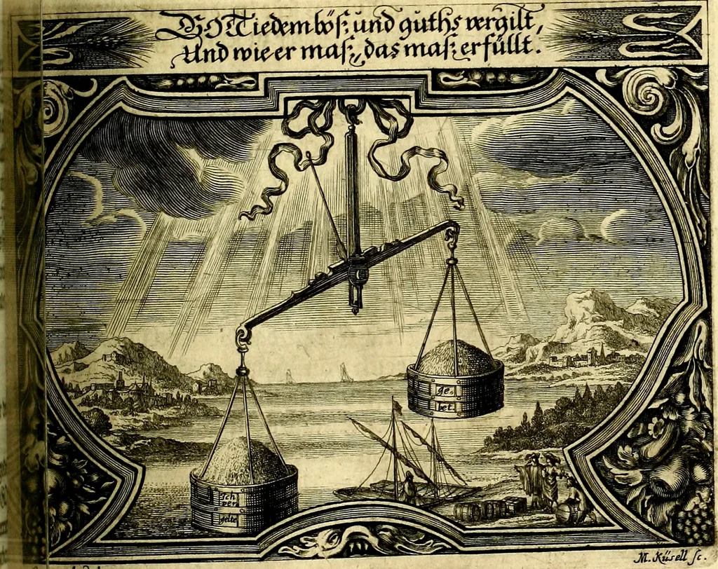 An illustration from Heilig-epistolischer Bericht, Licht, Geleit, und Freud. Das ist : Emblematische Fürstllung der heiligen Sonn- und festtäglichen Episteln; in welcher gründlicher Bericht von den rechten Wort-Verstand ertheilet, dem wahren Christenthum ein helles licht furgetragen, und ein sicheres Geleit mit beigefügten Gebeten und Gesängen zu der himmlischen Freude gezeiget wird, 1663, leaf 844
