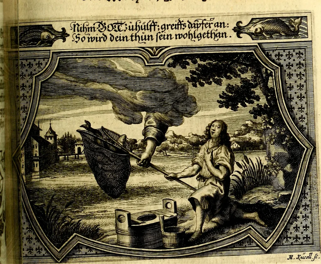 An illustration from Heilig-epistolischer Bericht, Licht, Geleit, und Freud. Das ist : Emblematische Fürstllung der heiligen Sonn- und festtäglichen Episteln; in welcher gründlicher Bericht von den rechten Wort-Verstand ertheilet, dem wahren Christenthum ein helles licht furgetragen, und ein sicheres Geleit mit beigefügten Gebeten und Gesängen zu der himmlischen Freude gezeiget wird, 1663, leaf 848