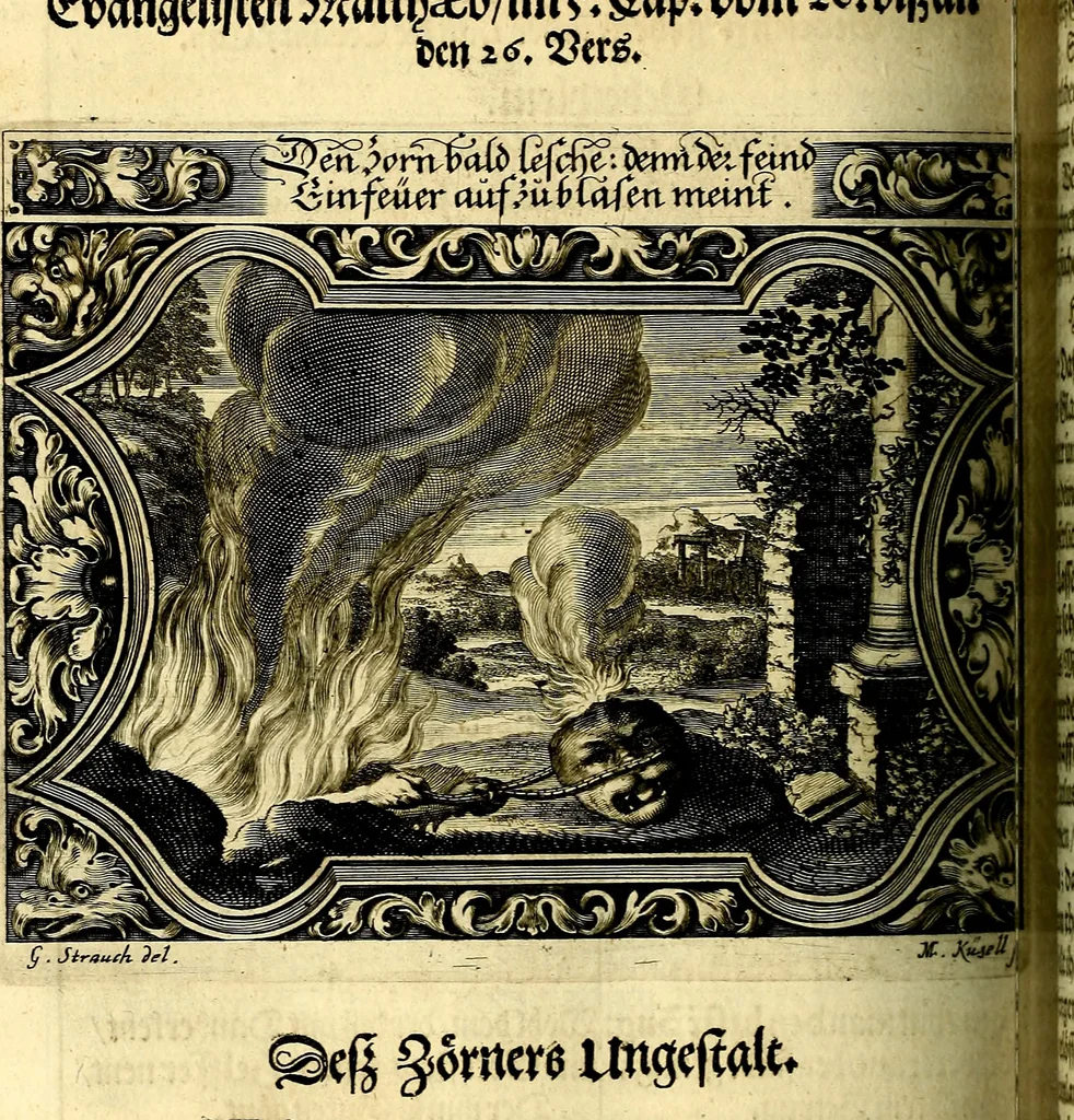 An illustration from Heilig-epistolischer Bericht, Licht, Geleit, und Freud. Das ist : Emblematische Fürstllung der heiligen Sonn- und festtäglichen Episteln; in welcher gründlicher Bericht von den rechten Wort-Verstand ertheilet, dem wahren Christenthum ein helles licht furgetragen, und ein sicheres Geleit mit beigefügten Gebeten und Gesängen zu der himmlischen Freude gezeiget wird, 1663, leaf 851