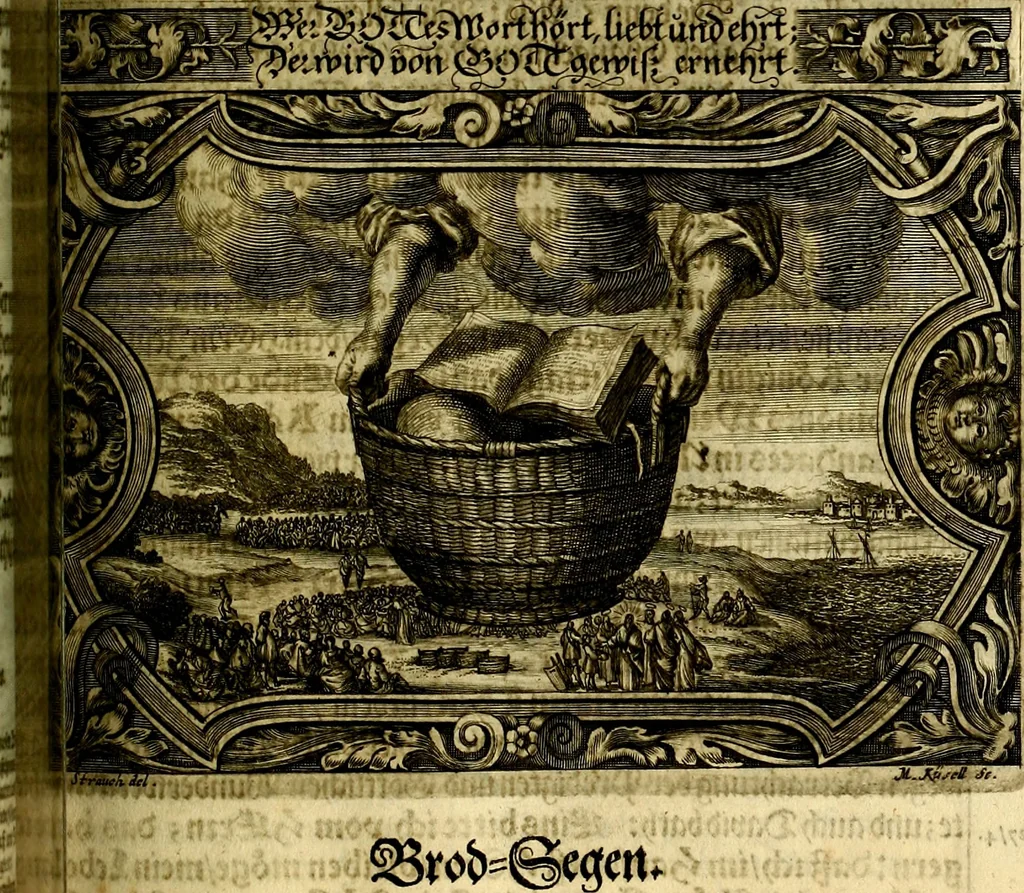 An illustration from Heilig-epistolischer Bericht, Licht, Geleit, und Freud. Das ist : Emblematische Fürstllung der heiligen Sonn- und festtäglichen Episteln; in welcher gründlicher Bericht von den rechten Wort-Verstand ertheilet, dem wahren Christenthum ein helles licht furgetragen, und ein sicheres Geleit mit beigefügten Gebeten und Gesängen zu der himmlischen Freude gezeiget wird, 1663, leaf 854