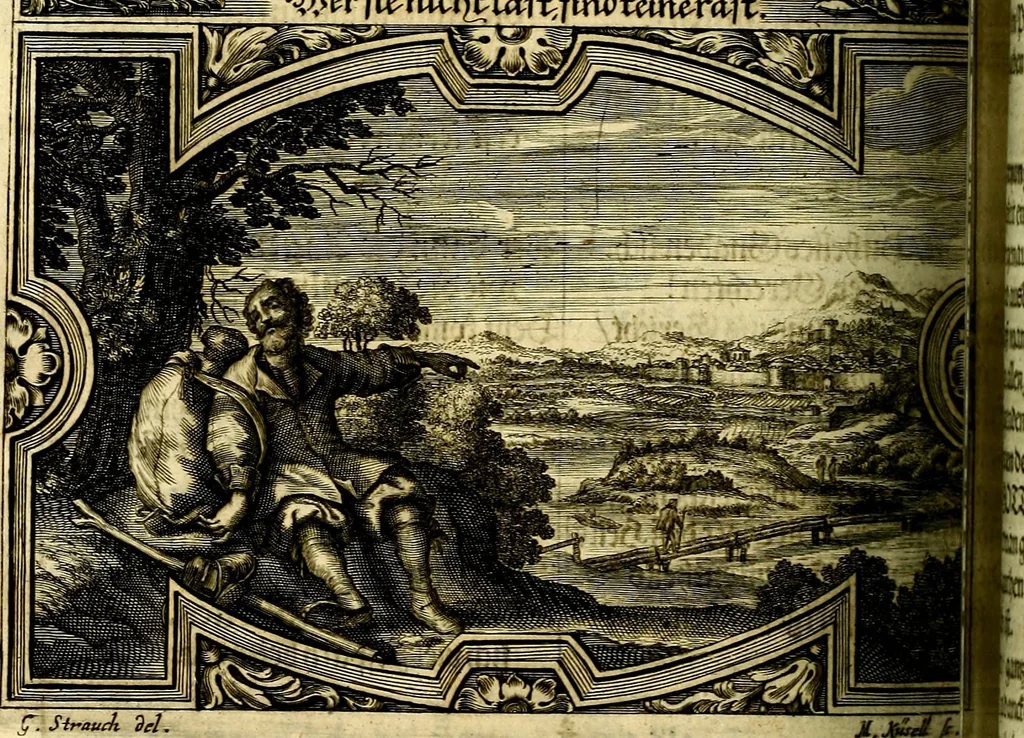 An illustration from Heilig-epistolischer Bericht, Licht, Geleit, und Freud. Das ist : Emblematische Fürstllung der heiligen Sonn- und festtäglichen Episteln; in welcher gründlicher Bericht von den rechten Wort-Verstand ertheilet, dem wahren Christenthum ein helles licht furgetragen, und ein sicheres Geleit mit beigefügten Gebeten und Gesängen zu der himmlischen Freude gezeiget wird, 1663, leaf 869