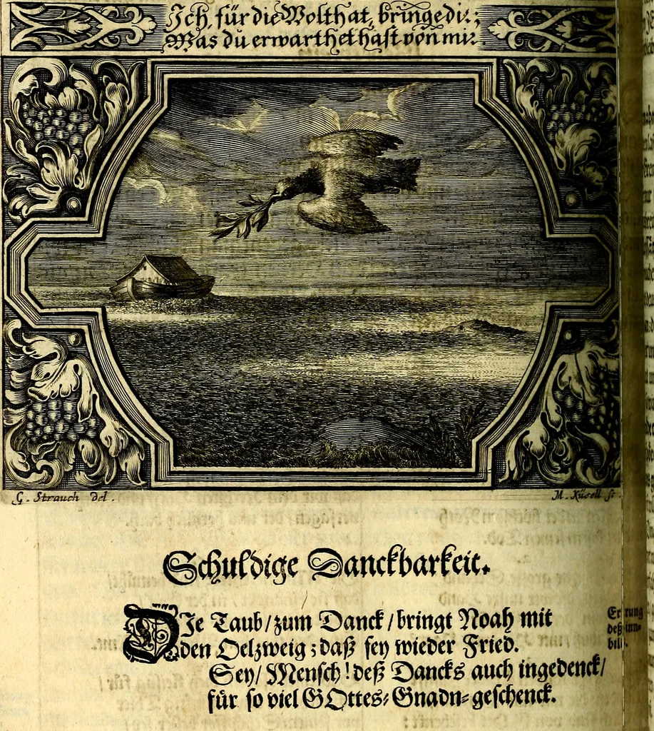An illustration from Heilig-epistolischer Bericht, Licht, Geleit, und Freud. Das ist : Emblematische Fürstllung der heiligen Sonn- und festtäglichen Episteln; in welcher gründlicher Bericht von den rechten Wort-Verstand ertheilet, dem wahren Christenthum ein helles licht furgetragen, und ein sicheres Geleit mit beigefügten Gebeten und Gesängen zu der himmlischen Freude gezeiget wird, 1663, leaf 881