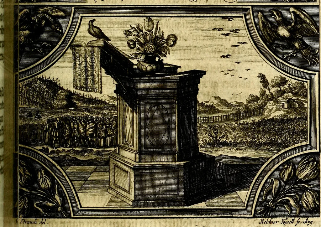 An illustration from Heilig-epistolischer Bericht, Licht, Geleit, und Freud. Das ist : Emblematische Fürstllung der heiligen Sonn- und festtäglichen Episteln; in welcher gründlicher Bericht von den rechten Wort-Verstand ertheilet, dem wahren Christenthum ein helles licht furgetragen, und ein sicheres Geleit mit beigefügten Gebeten und Gesängen zu der himmlischen Freude gezeiget wird, 1663, leaf 886