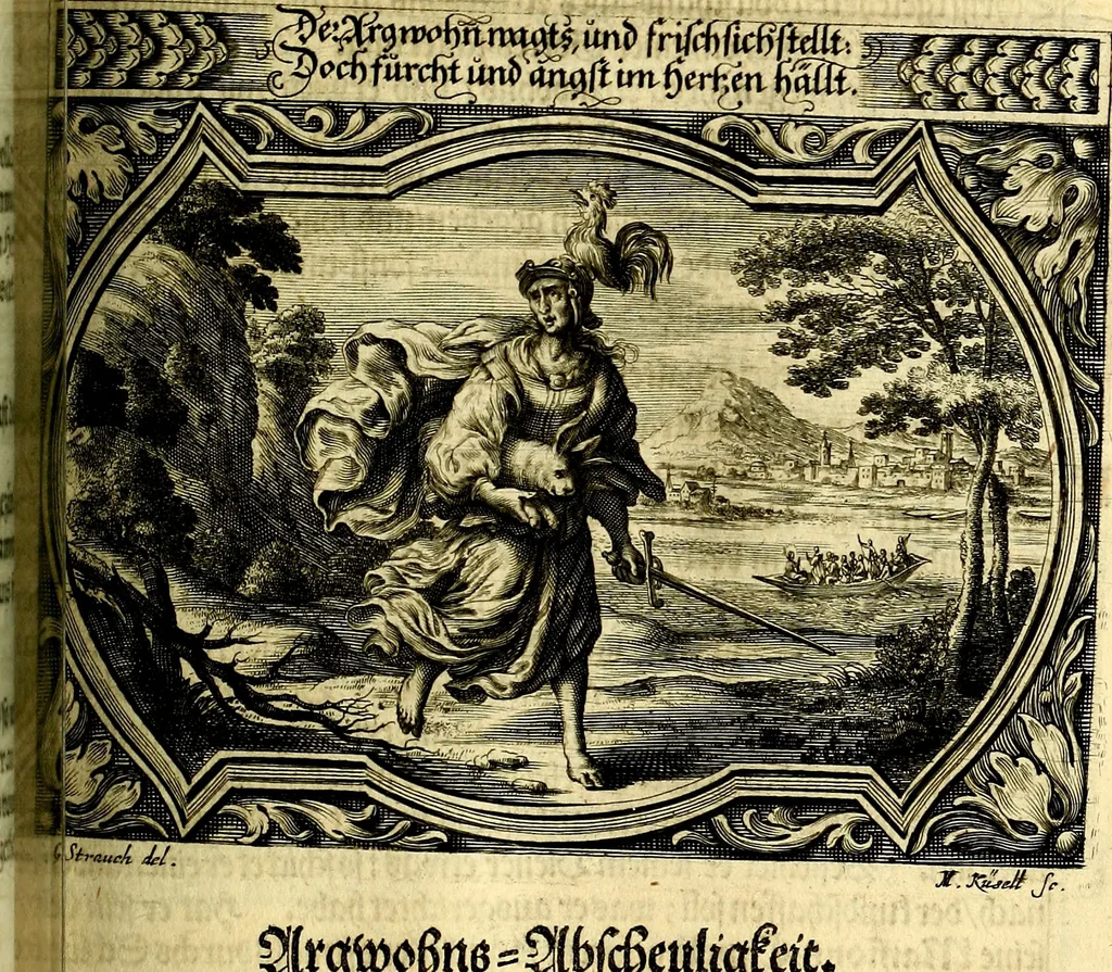 An illustration from Heilig-epistolischer Bericht, Licht, Geleit, und Freud. Das ist : Emblematische Fürstllung der heiligen Sonn- und festtäglichen Episteln; in welcher gründlicher Bericht von den rechten Wort-Verstand ertheilet, dem wahren Christenthum ein helles licht furgetragen, und ein sicheres Geleit mit beigefügten Gebeten und Gesängen zu der himmlischen Freude gezeiget wird, 1663, leaf 904