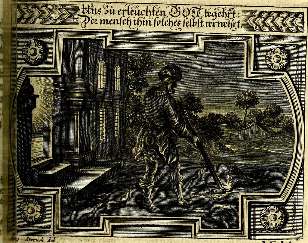 An illustration from Heilig-epistolischer Bericht, Licht, Geleit, und Freud. Das ist : Emblematische Fürstllung der heiligen Sonn- und festtäglichen Episteln; in welcher gründlicher Bericht von den rechten Wort-Verstand ertheilet, dem wahren Christenthum ein helles licht furgetragen, und ein sicheres Geleit mit beigefügten Gebeten und Gesängen zu der himmlischen Freude gezeiget wird, 1663, leaf 908
