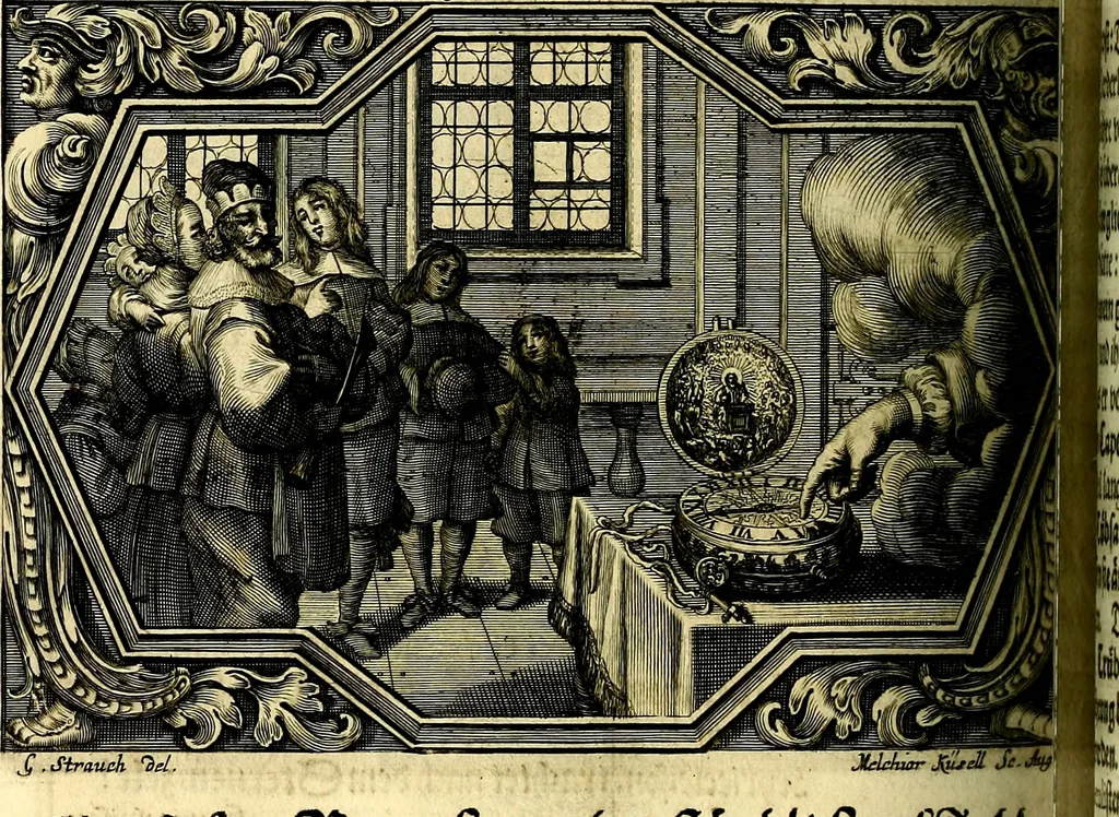 An illustration from Heilig-epistolischer Bericht, Licht, Geleit, und Freud. Das ist : Emblematische Fürstllung der heiligen Sonn- und festtäglichen Episteln; in welcher gründlicher Bericht von den rechten Wort-Verstand ertheilet, dem wahren Christenthum ein helles licht furgetragen, und ein sicheres Geleit mit beigefügten Gebeten und Gesängen zu der himmlischen Freude gezeiget wird, 1663, leaf 913