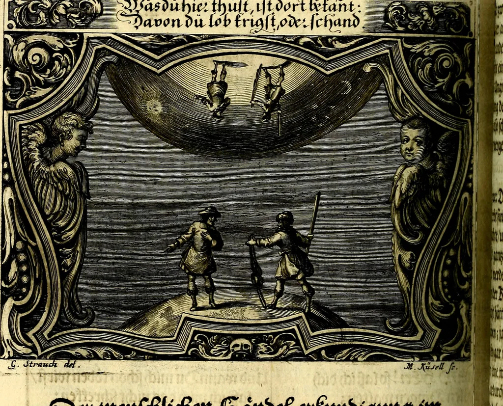 An illustration from Heilig-epistolischer Bericht, Licht, Geleit, und Freud. Das ist : Emblematische Fürstllung der heiligen Sonn- und festtäglichen Episteln; in welcher gründlicher Bericht von den rechten Wort-Verstand ertheilet, dem wahren Christenthum ein helles licht furgetragen, und ein sicheres Geleit mit beigefügten Gebeten und Gesängen zu der himmlischen Freude gezeiget wird, 1663, leaf 917