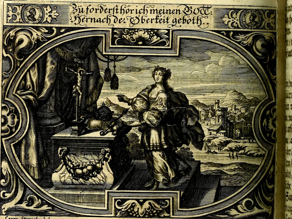 An illustration from Heilig-epistolischer Bericht, Licht, Geleit, und Freud. Das ist : Emblematische Fürstllung der heiligen Sonn- und festtäglichen Episteln; in welcher gründlicher Bericht von den rechten Wort-Verstand ertheilet, dem wahren Christenthum ein helles licht furgetragen, und ein sicheres Geleit mit beigefügten Gebeten und Gesängen zu der himmlischen Freude gezeiget wird, 1663, leaf 923