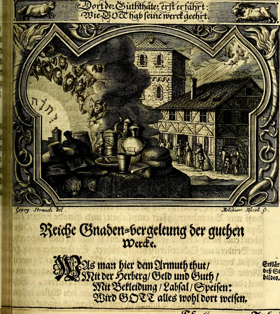 An illustration from Heilig-epistolischer Bericht, Licht, Geleit, und Freud. Das ist : Emblematische Fürstllung der heiligen Sonn- und festtäglichen Episteln; in welcher gründlicher Bericht von den rechten Wort-Verstand ertheilet, dem wahren Christenthum ein helles licht furgetragen, und ein sicheres Geleit mit beigefügten Gebeten und Gesängen zu der himmlischen Freude gezeiget wird, 1663, leaf 936