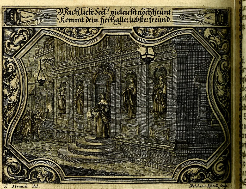 An illustration from Heilig-epistolischer Bericht, Licht, Geleit, und Freud. Das ist : Emblematische Fürstllung der heiligen Sonn- und festtäglichen Episteln; in welcher gründlicher Bericht von den rechten Wort-Verstand ertheilet, dem wahren Christenthum ein helles licht furgetragen, und ein sicheres Geleit mit beigefügten Gebeten und Gesängen zu der himmlischen Freude gezeiget wird, 1663, leaf 941