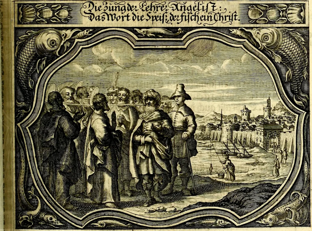 An illustration from Heilig-epistolischer Bericht, Licht, Geleit, und Freud. Das ist : Emblematische Fürstllung der heiligen Sonn- und festtäglichen Episteln; in welcher gründlicher Bericht von den rechten Wort-Verstand ertheilet, dem wahren Christenthum ein helles licht furgetragen, und ein sicheres Geleit mit beigefügten Gebeten und Gesängen zu der himmlischen Freude gezeiget wird, 1663, leaf 948