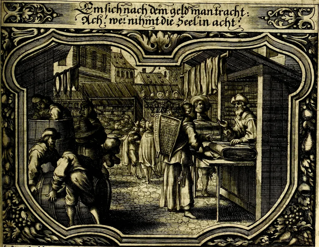 An illustration from Heilig-epistolischer Bericht, Licht, Geleit, und Freud. Das ist : Emblematische Fürstllung der heiligen Sonn- und festtäglichen Episteln; in welcher gründlicher Bericht von den rechten Wort-Verstand ertheilet, dem wahren Christenthum ein helles licht furgetragen, und ein sicheres Geleit mit beigefügten Gebeten und Gesängen zu der himmlischen Freude gezeiget wird, 1663, leaf 952