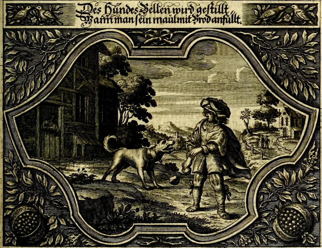 An illustration from Heilig-epistolischer Bericht, Licht, Geleit, und Freud. Das ist : Emblematische Fürstllung der heiligen Sonn- und festtäglichen Episteln; in welcher gründlicher Bericht von den rechten Wort-Verstand ertheilet, dem wahren Christenthum ein helles licht furgetragen, und ein sicheres Geleit mit beigefügten Gebeten und Gesängen zu der himmlischen Freude gezeiget wird, 1663, leaf 96