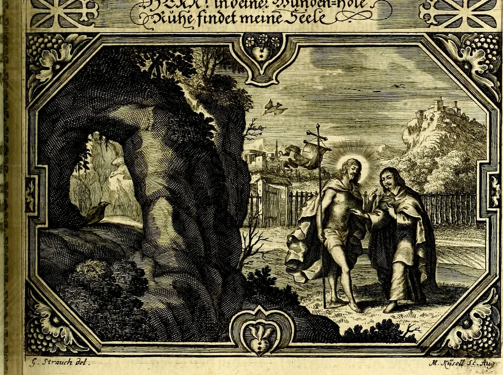 An illustration from Heilig-epistolischer Bericht, Licht, Geleit, und Freud. Das ist : Emblematische Fürstllung der heiligen Sonn- und festtäglichen Episteln; in welcher gründlicher Bericht von den rechten Wort-Verstand ertheilet, dem wahren Christenthum ein helles licht furgetragen, und ein sicheres Geleit mit beigefügten Gebeten und Gesängen zu der himmlischen Freude gezeiget wird, 1663, leaf 960