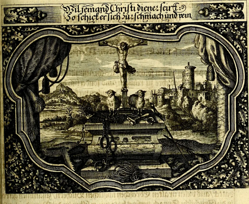 An illustration from Heilig-epistolischer Bericht, Licht, Geleit, und Freud. Das ist : Emblematische Fürstllung der heiligen Sonn- und festtäglichen Episteln; in welcher gründlicher Bericht von den rechten Wort-Verstand ertheilet, dem wahren Christenthum ein helles licht furgetragen, und ein sicheres Geleit mit beigefügten Gebeten und Gesängen zu der himmlischen Freude gezeiget wird, 1663, leaf 964