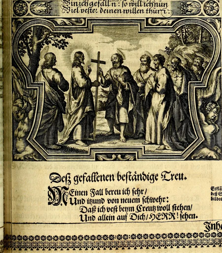 An illustration from Heilig-epistolischer Bericht, Licht, Geleit, und Freud. Das ist : Emblematische Fürstllung der heiligen Sonn- und festtäglichen Episteln; in welcher gründlicher Bericht von den rechten Wort-Verstand ertheilet, dem wahren Christenthum ein helles licht furgetragen, und ein sicheres Geleit mit beigefügten Gebeten und Gesängen zu der himmlischen Freude gezeiget wird, 1663, leaf 968
