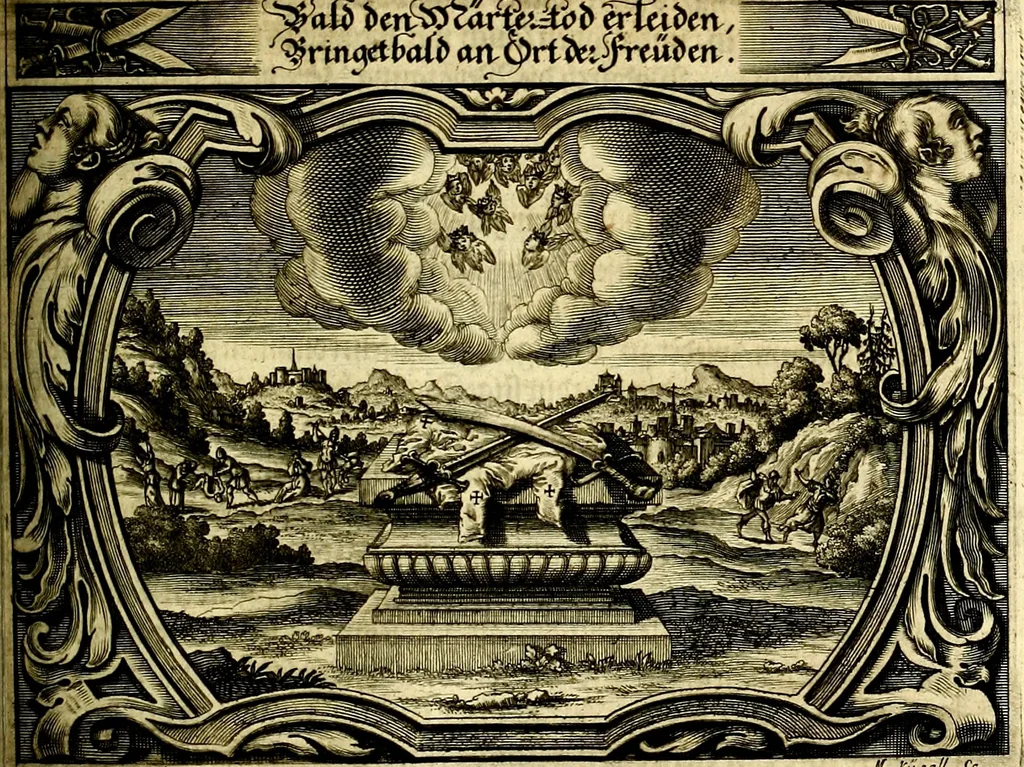 An illustration from Heilig-epistolischer Bericht, Licht, Geleit, und Freud. Das ist : Emblematische Fürstllung der heiligen Sonn- und festtäglichen Episteln; in welcher gründlicher Bericht von den rechten Wort-Verstand ertheilet, dem wahren Christenthum ein helles licht furgetragen, und ein sicheres Geleit mit beigefügten Gebeten und Gesängen zu der himmlischen Freude gezeiget wird, 1663, leaf 972