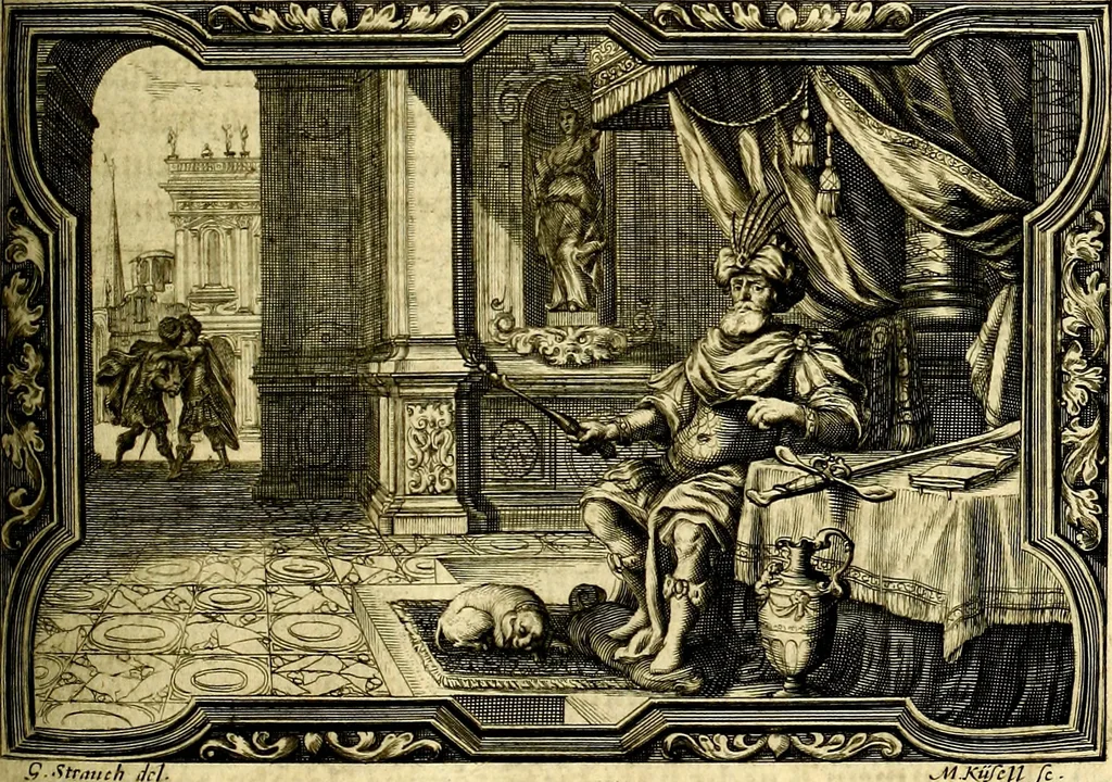 An illustration from Heilig-epistolischer Bericht, Licht, Geleit, und Freud. Das ist : Emblematische Fürstllung der heiligen Sonn- und festtäglichen Episteln; in welcher gründlicher Bericht von den rechten Wort-Verstand ertheilet, dem wahren Christenthum ein helles licht furgetragen, und ein sicheres Geleit mit beigefügten Gebeten und Gesängen zu der himmlischen Freude gezeiget wird, 1663, leaf 976