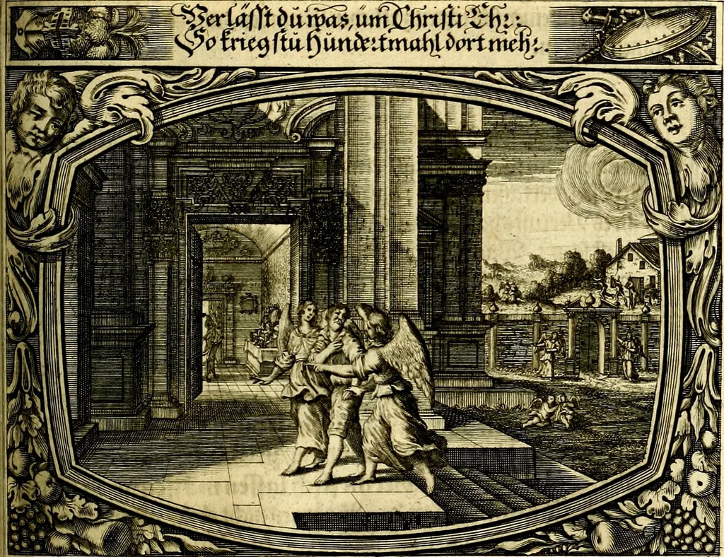 An illustration from Heilig-epistolischer Bericht, Licht, Geleit, und Freud. Das ist : Emblematische Fürstllung der heiligen Sonn- und festtäglichen Episteln; in welcher gründlicher Bericht von den rechten Wort-Verstand ertheilet, dem wahren Christenthum ein helles licht furgetragen, und ein sicheres Geleit mit beigefügten Gebeten und Gesängen zu der himmlischen Freude gezeiget wird, 1663, leaf 980