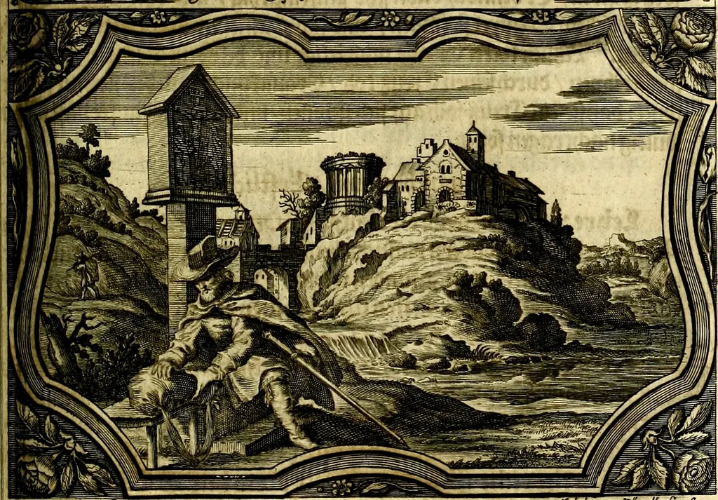 An illustration from Heilig-epistolischer Bericht, Licht, Geleit, und Freud. Das ist : Emblematische Fürstllung der heiligen Sonn- und festtäglichen Episteln; in welcher gründlicher Bericht von den rechten Wort-Verstand ertheilet, dem wahren Christenthum ein helles licht furgetragen, und ein sicheres Geleit mit beigefügten Gebeten und Gesängen zu der himmlischen Freude gezeiget wird, 1663, leaf 988