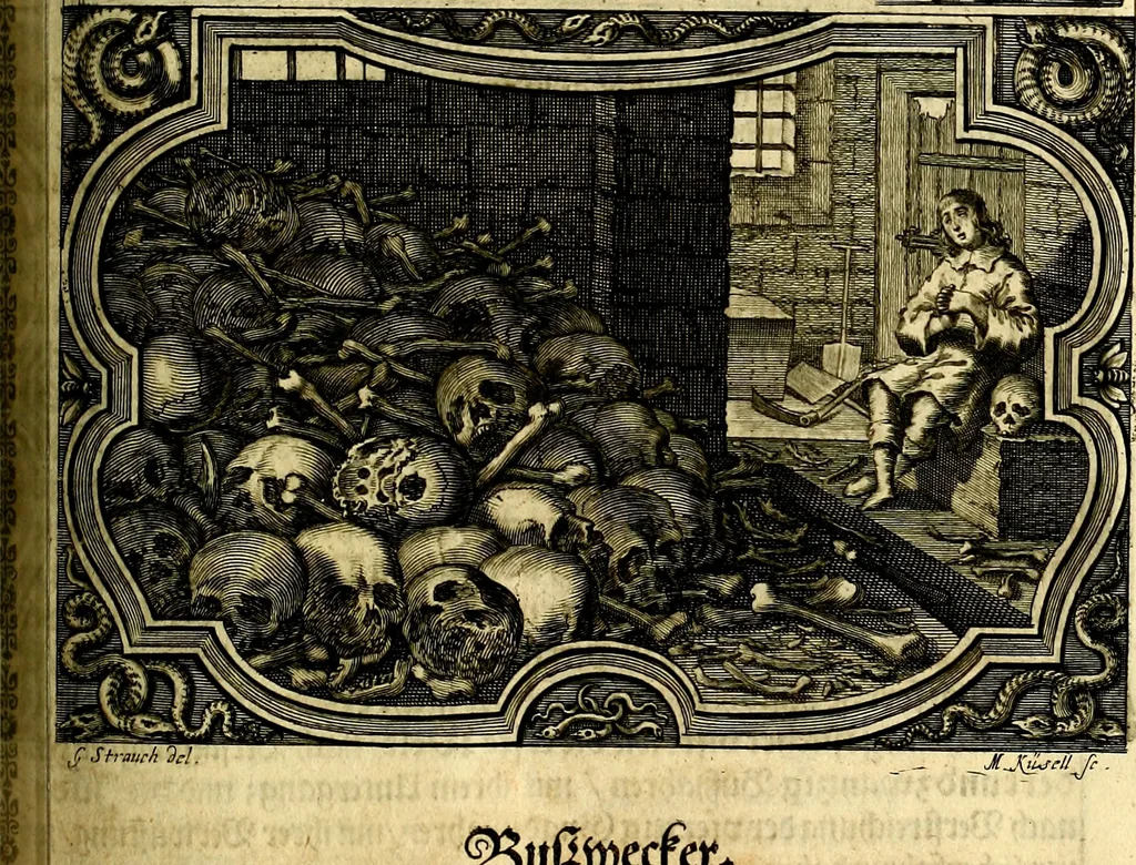 An illustration from Heilig-epistolischer Bericht, Licht, Geleit, und Freud. Das ist : Emblematische Fürstllung der heiligen Sonn- und festtäglichen Episteln; in welcher gründlicher Bericht von den rechten Wort-Verstand ertheilet, dem wahren Christenthum ein helles licht furgetragen, und ein sicheres Geleit mit beigefügten Gebeten und Gesängen zu der himmlischen Freude gezeiget wird, 1663, leaf 992
