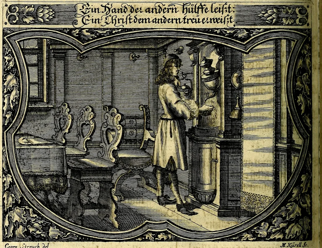 An illustration from Heilig-epistolischer Bericht, Licht, Geleit, und Freud. Das ist : Emblematische Fürstllung der heiligen Sonn- und festtäglichen Episteln; in welcher gründlicher Bericht von den rechten Wort-Verstand ertheilet, dem wahren Christenthum ein helles licht furgetragen, und ein sicheres Geleit mit beigefügten Gebeten und Gesängen zu der himmlischen Freude gezeiget wird, 1663, leaf 999