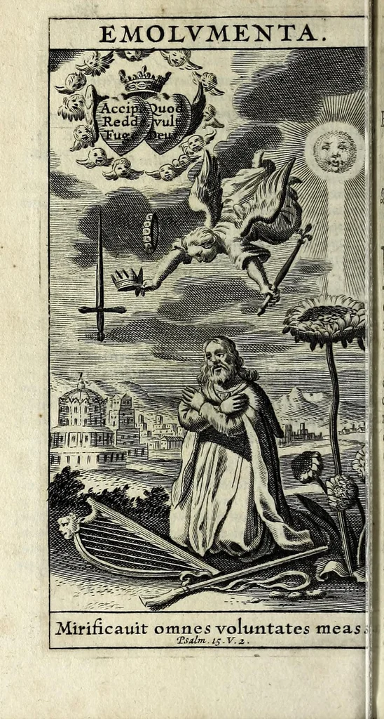 An illustration from Heliotropium, seu, Conformatio humanae voluntatis cum divina : libris quinque explicata coram ser[enissi]mo vtriusq[ue] Bavariae duce S.R.I. Archidapifero Electore Maximiliano et ser[enissi]ma coniuge Elizabetha : eisdem ser[enissi]mis pri[n]cpib[us] inscripta & dedicata, 1630, leaf 154