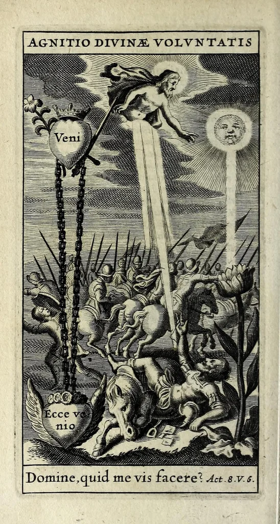An illustration from Heliotropium, seu, Conformatio humanae voluntatis cum divina : libris quinque explicata coram ser[enissi]mo vtriusq[ue] Bavariae duce S.R.I. Archidapifero Electore Maximiliano et ser[enissi]ma coniuge Elizabetha : eisdem ser[enissi]mis pri[n]cpib[us] inscripta & dedicata, 1630, leaf 22