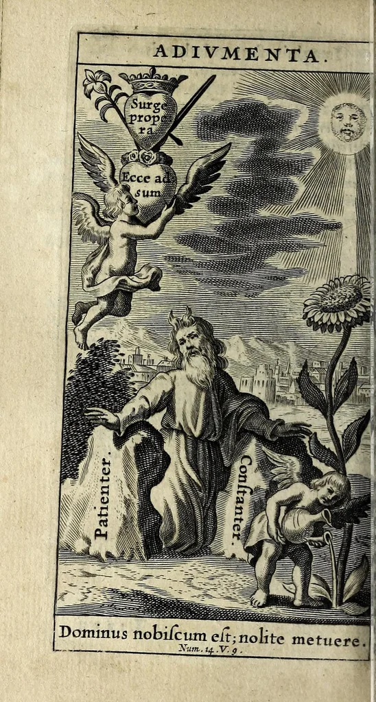 An illustration from Heliotropium, seu, Conformatio humanae voluntatis cum divina : libris quinque explicata coram ser[enissi]mo vtriusq[ue] Bavariae duce S.R.I. Archidapifero Electore Maximiliano et ser[enissi]ma coniuge Elizabetha : eisdem ser[enissi]mis pri[n]cpib[us] inscripta & dedicata, 1630, leaf 292