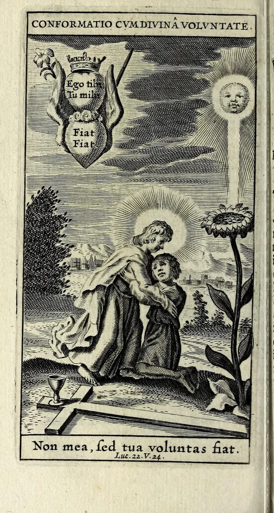 An illustration from Heliotropium, seu, Conformatio humanae voluntatis cum divina : libris quinque explicata coram ser[enissi]mo vtriusq[ue] Bavariae duce S.R.I. Archidapifero Electore Maximiliano et ser[enissi]ma coniuge Elizabetha : eisdem ser[enissi]mis pri[n]cpib[us] inscripta & dedicata, 1630, leaf 84