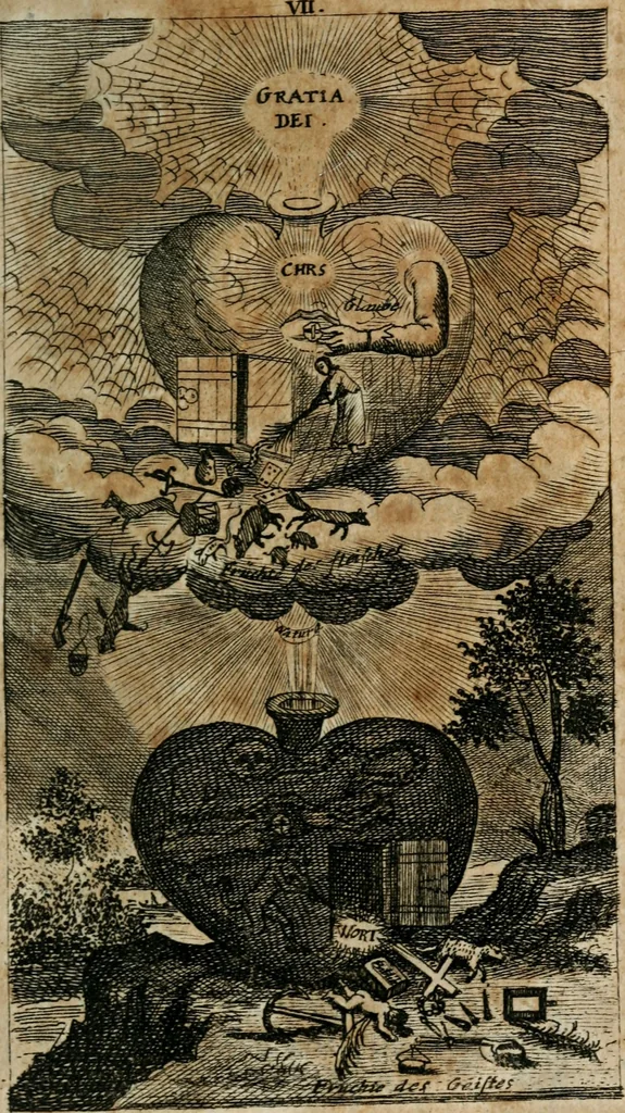 An illustration from Helleleuchtender Hertzens-Spiegel : worinnen vermittelst einer dreyfachen Vorstellung ..., I. Das Erkäntniss, II. Die Übung, und dann III. Das Geheimniss der wahren Gottseligkeit, das ist, die gantze That, Krafft und Hertzens-Theologia ... mit zur Sache hochdienlichen Kupffer-Figuren ..., samt einem kurzgefasten, doch vollständigen Gebet-Büchlein, oder Andachts-Speigel, 1680, leaf 102