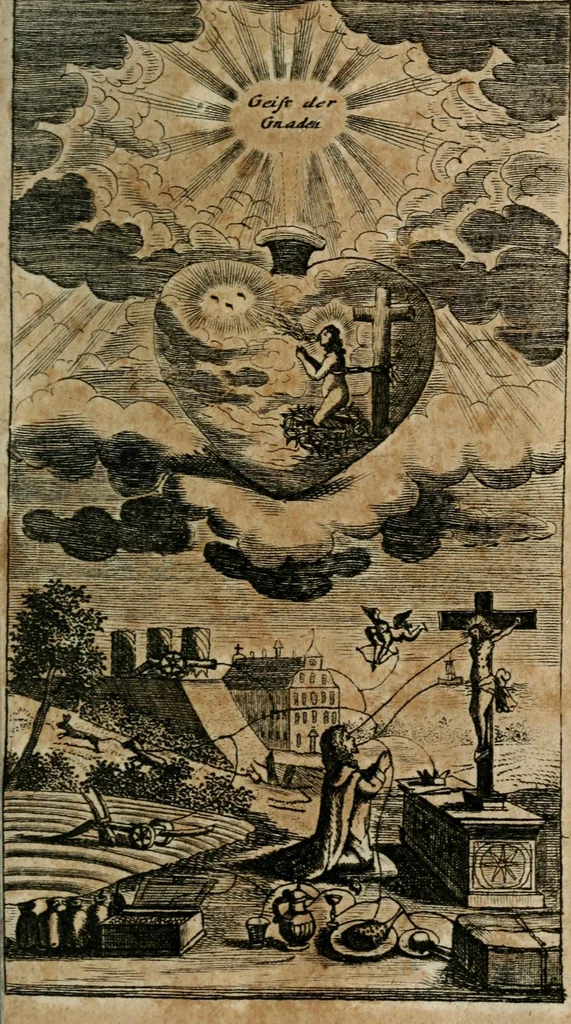 An illustration from Helleleuchtender Hertzens-Spiegel : worinnen vermittelst einer dreyfachen Vorstellung ..., I. Das Erkäntniss, II. Die Übung, und dann III. Das Geheimniss der wahren Gottseligkeit, das ist, die gantze That, Krafft und Hertzens-Theologia ... mit zur Sache hochdienlichen Kupffer-Figuren ..., samt einem kurzgefasten, doch vollständigen Gebet-Büchlein, oder Andachts-Speigel, 1680, leaf 156