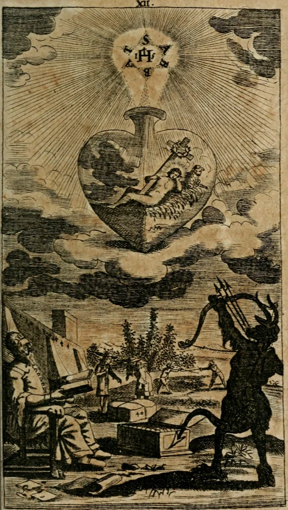 An illustration from Helleleuchtender Hertzens-Spiegel : worinnen vermittelst einer dreyfachen Vorstellung ..., I. Das Erkäntniss, II. Die Übung, und dann III. Das Geheimniss der wahren Gottseligkeit, das ist, die gantze That, Krafft und Hertzens-Theologia ... mit zur Sache hochdienlichen Kupffer-Figuren ..., samt einem kurzgefasten, doch vollständigen Gebet-Büchlein, oder Andachts-Speigel, 1680, leaf 166