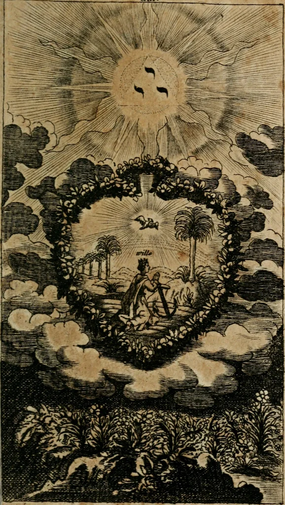 An illustration from Helleleuchtender Hertzens-Spiegel : worinnen vermittelst einer dreyfachen Vorstellung ..., I. Das Erkäntniss, II. Die Übung, und dann III. Das Geheimniss der wahren Gottseligkeit, das ist, die gantze That, Krafft und Hertzens-Theologia ... mit zur Sache hochdienlichen Kupffer-Figuren ..., samt einem kurzgefasten, doch vollständigen Gebet-Büchlein, oder Andachts-Speigel, 1680, leaf 186