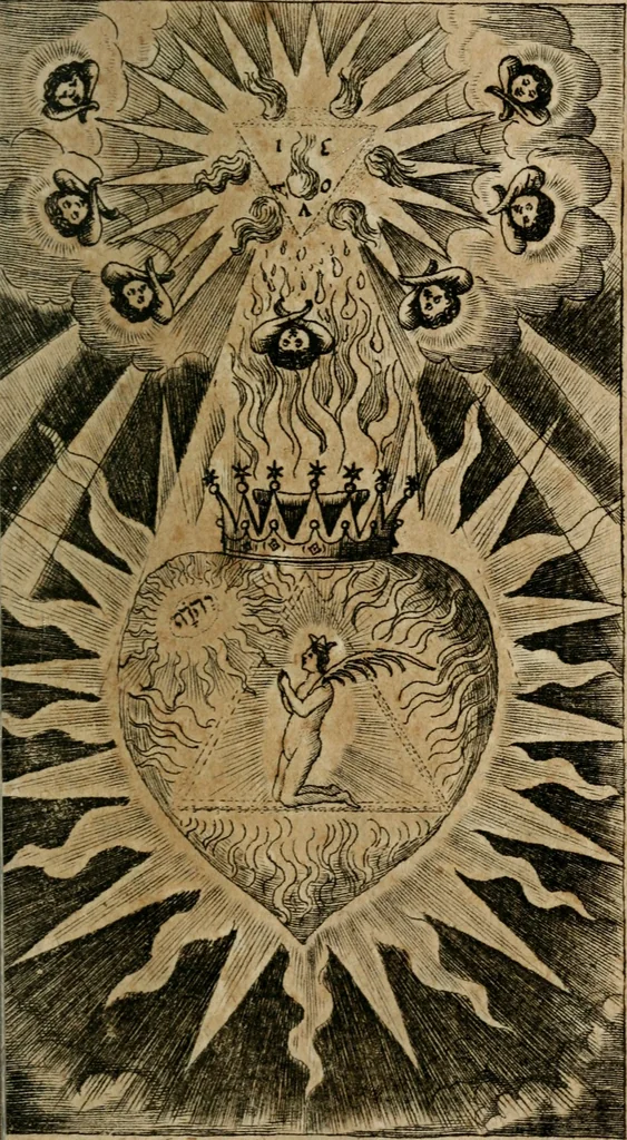 An illustration from Helleleuchtender Hertzens-Spiegel : worinnen vermittelst einer dreyfachen Vorstellung ..., I. Das Erkäntniss, II. Die Übung, und dann III. Das Geheimniss der wahren Gottseligkeit, das ist, die gantze That, Krafft und Hertzens-Theologia ... mit zur Sache hochdienlichen Kupffer-Figuren ..., samt einem kurzgefasten, doch vollständigen Gebet-Büchlein, oder Andachts-Speigel, 1680, leaf 198