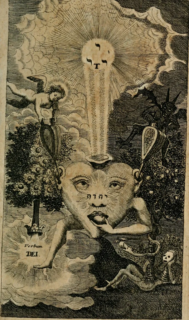 An illustration from Helleleuchtender Hertzens-Spiegel : worinnen vermittelst einer dreyfachen Vorstellung ..., I. Das Erkäntniss, II. Die Übung, und dann III. Das Geheimniss der wahren Gottseligkeit, das ist, die gantze That, Krafft und Hertzens-Theologia ... mit zur Sache hochdienlichen Kupffer-Figuren ..., samt einem kurzgefasten, doch vollständigen Gebet-Büchlein, oder Andachts-Speigel, 1680, leaf 22