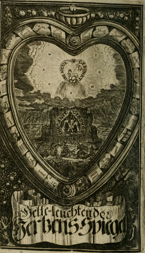 An illustration from Helleleuchtender Hertzens-Spiegel : worinnen vermittelst einer dreyfachen Vorstellung ..., I. Das Erkäntniss, II. Die Übung, und dann III. Das Geheimniss der wahren Gottseligkeit, das ist, die gantze That, Krafft und Hertzens-Theologia ... mit zur Sache hochdienlichen Kupffer-Figuren ..., samt einem kurzgefasten, doch vollständigen Gebet-Büchlein, oder Andachts-Speigel, 1680, leaf 5
